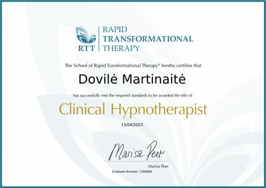 Dovilė Martin klinikinės hipnoterapeutės diplomas