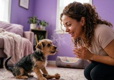 Una mujer sonriente entrena a un pequeño cachorro de terrier con golosinas en una sala