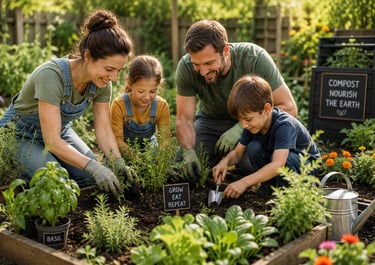 Family gardening together in a backyard garden as part of a sustainable and eco-friendly lifestyle.