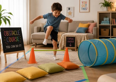 A child running through an indoor obstacle course. 