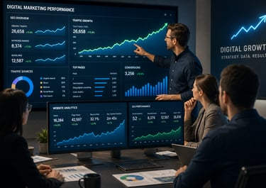 Digital marketing team analyzing SEO performance and website analytics charts on large office displays.