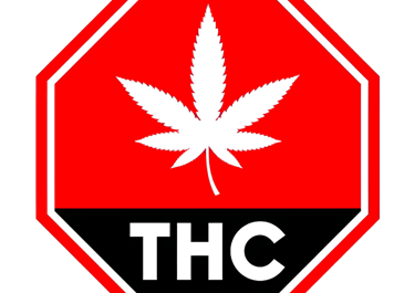 A red and black octagonal warning symbol featuring a white cannabis leaf and the text THC.