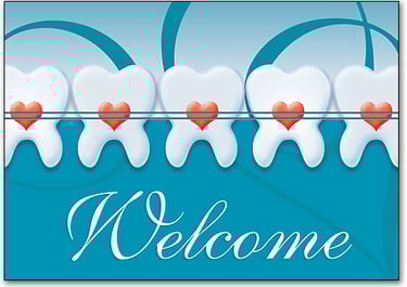 a cartoon graphic of teeth with braces saying welcome