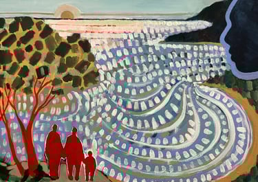a painting of a family on a lookout over the ocean with a headland