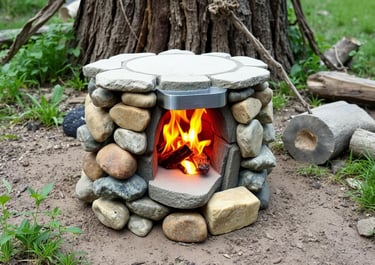 a DIY rocket stove constructed from various rocks with flat top