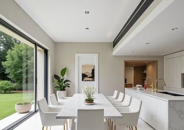 Elegant open dining space with a modern chandelier, natural wood dining table, and views into the la