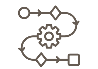 Process workflow icon showing a flowchart with arrows and a gear representing business automation.