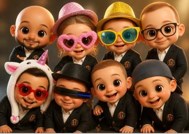 A group of cute, diverse cartoon toddlers dressed in stylish business suits and fun accessories like hats and glasses.
