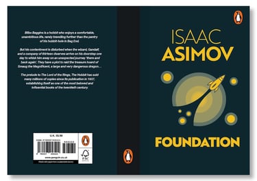 Foundation by Isaac Asimov book cover featuring a retro sci-fi rocket and planet illustration.