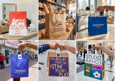 kraft paper bags used in different businesses like toy store, beauty salon, grocery, bakery and more