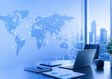 Modern office setup with global business analytics screen representing international market expansion