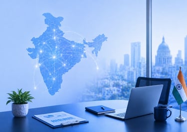 Workspace with India map showing business growth opportunities for Indian companies