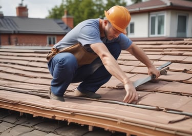 View of a roofer installing tiles on a sloped roof under a clear sky.