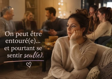 Femme assise parmi sa famille, présente physiquement mais semblant isolée dans ses pensées