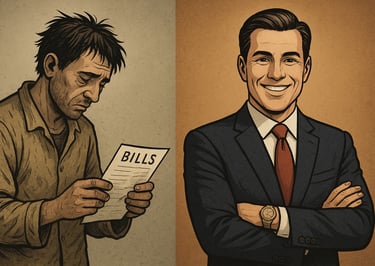 Contrast of a broke man and a rich man, showing the difference between poverty and money, bussiness.