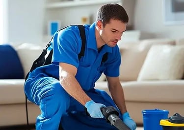 a man in blue overalls and a blue shirt is cleaning a carpet
