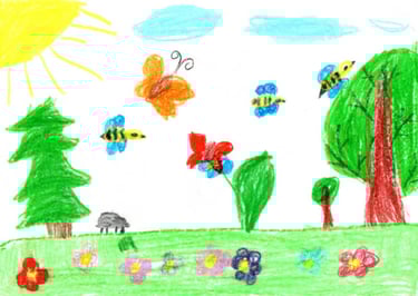 dessin d'enfant illustrant le jardin de la crèche / micro-crèche