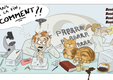 cartoon de scientifiques chercant à comprendre le ronronnement