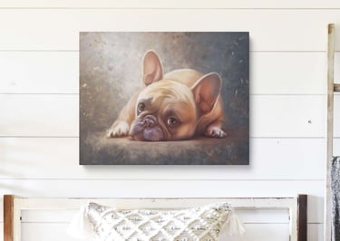 a portrait of a french bulldog hanging in a room