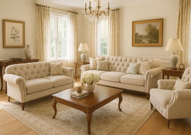 Traditional living room with tufted sofa, carved wood table, and layered curtains.