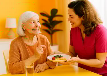 Ayudante dando plato comida señora.