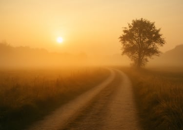 early morning path, soft golden light. A sense of quiet simplicity and new beginnings.