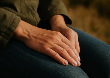 A close-up of hands resting in the lap - sitting still with uncomfortable thoughts.