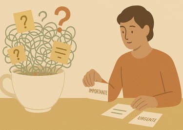 Persona sentada delante de una taza gigante llena con una maraña de pensamientos que ordena.