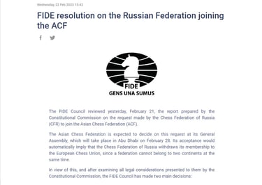 FIDE resolution on the Russian Federation joining the ACF