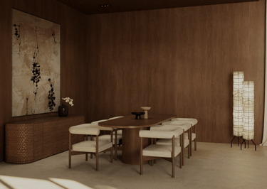 An oval wooden dining table surrounded by light fabric chairs in a wood-panelled room.