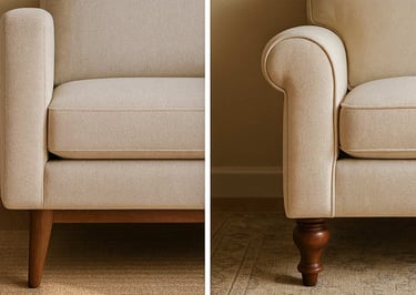 Side-by-side comparison of mid-century tapered sofa legs and rolled-arm transitional sofa design, showing detail and light in