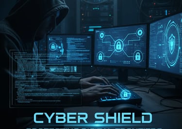 Digital cyber shield graphic with security interface on multiple screens