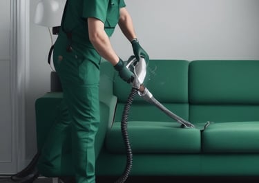 Técnico da Venerra Facilities limpando estofado com extratora em ambiente corporativo em São Paulo