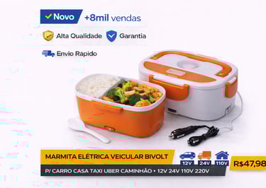 Marmita elétrica veicular bivolt branca e laranja com arroz e vegetais para carro e caminhão.