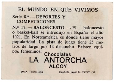 1963 Chocolates La Antorcha Alcoy Deportes Y Competiciones #17 Baloncesto Basketball Card (reverse s