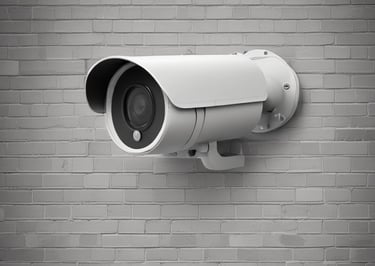 white surveillance camera hanging on wall