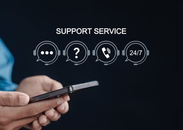 Customer support service icons for chat and phone help displayed over a person using a smartphone.