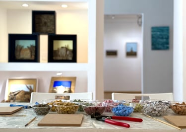 Mosaic workshop Set-up in an Art Gallery in Andros island Greece.