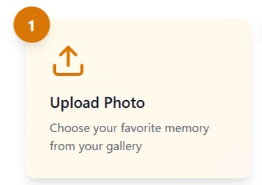Step one instruction card for a photo upload button with an orange arrow icon.