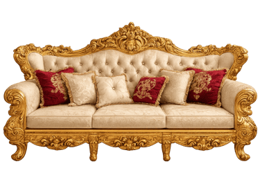 royal gold carved sofa with tufted cream upholstery and red velvet cushions