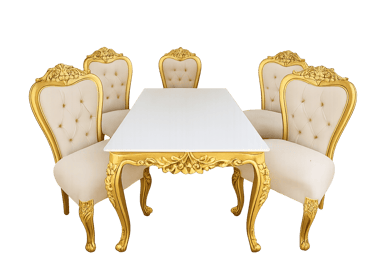 Luxury gold carved dining table set with white tabletop and four cream tufted chairs,