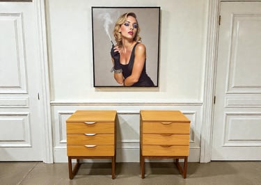 wo Europa mid-century bedside tables with clean modern lines and elegant vintage design