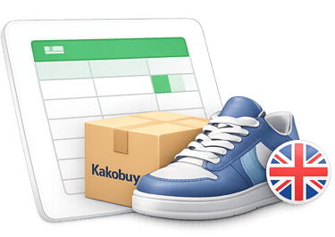 Kakobuy spreadsheet shopping illustration with sneaker box and UK badge