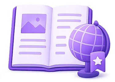 Purple open book and globe illustration for MuleBuy spreadsheet guides for UK buyers