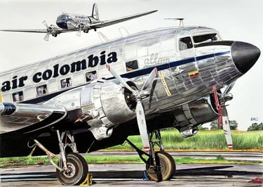 Dessin réaliste du DC-3 Air Colombia, avion ancien emblématique