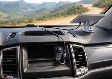 Starlink Mini ligado ao carregador 12V no console central do carro com cabo conectado