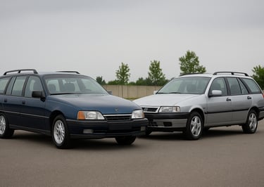Chevrolet Omega Suprema azul e Fiat Tempra SW prateado lado a lado em pátio aberto, comparando estil