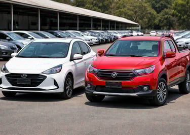 Hatch popular branco e pickup compacta vermelha lado a lado em pátio de concessionária com vários ca