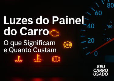 Painel de carro com luzes de advertência acesas e texto explicativo sobre seus significados e custos