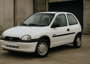 Chevrolet Corsa Wind 1994 branco em pátio urbano, carro inteiro em destaque, ângulo 3/4 dianteiro